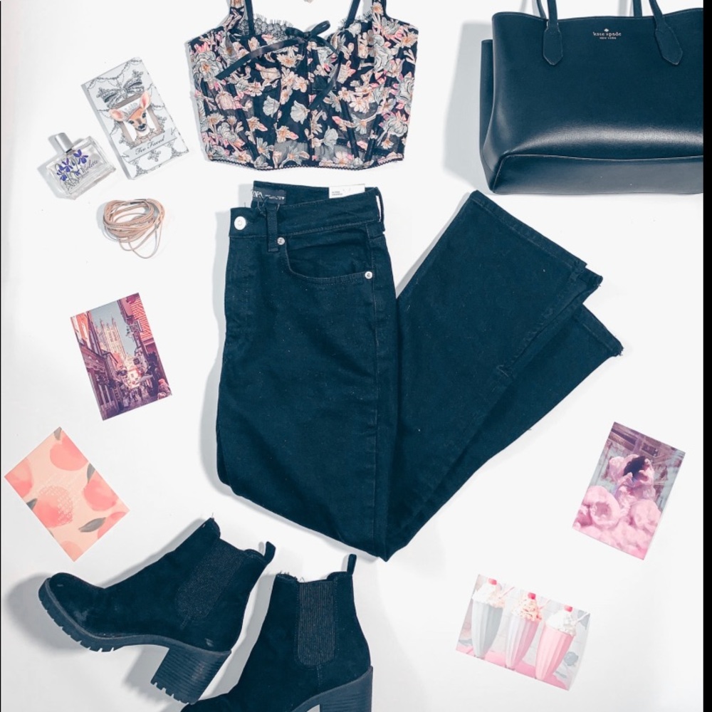 Zara black hi rise cropped splitted comfort jeans